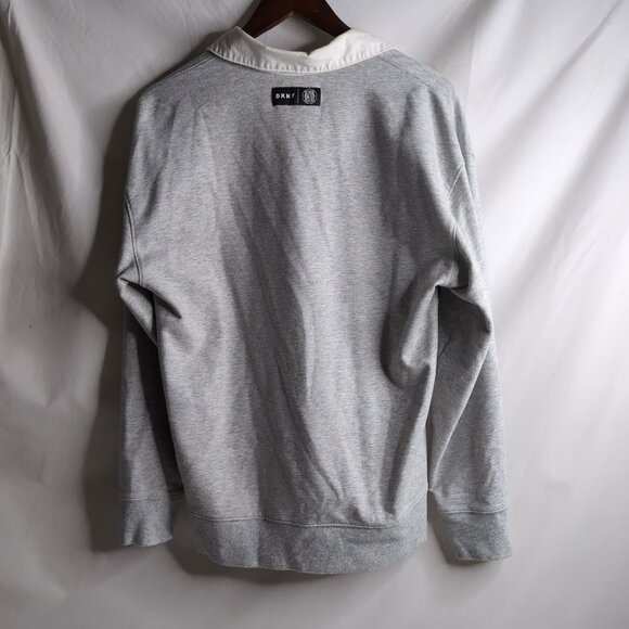 DKNY Men's Light Grey Snap Button Polo Navy Stripe Embroidery Spellout, Size Med - Picture 2 of 9